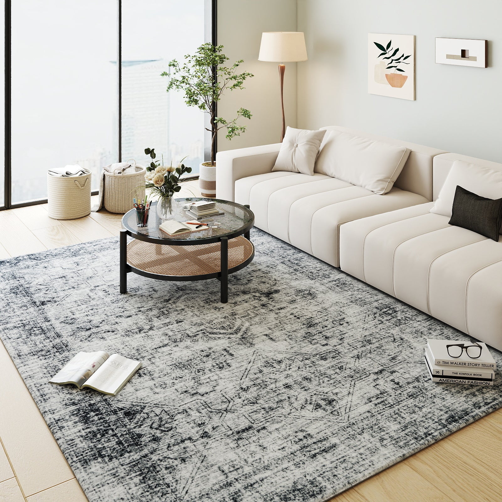 5x7ft Washable Vintage Area Rug, Thin Distressed Non-Slip Carpet for Living Room Bedroom, Kitchen Dining Room Decor