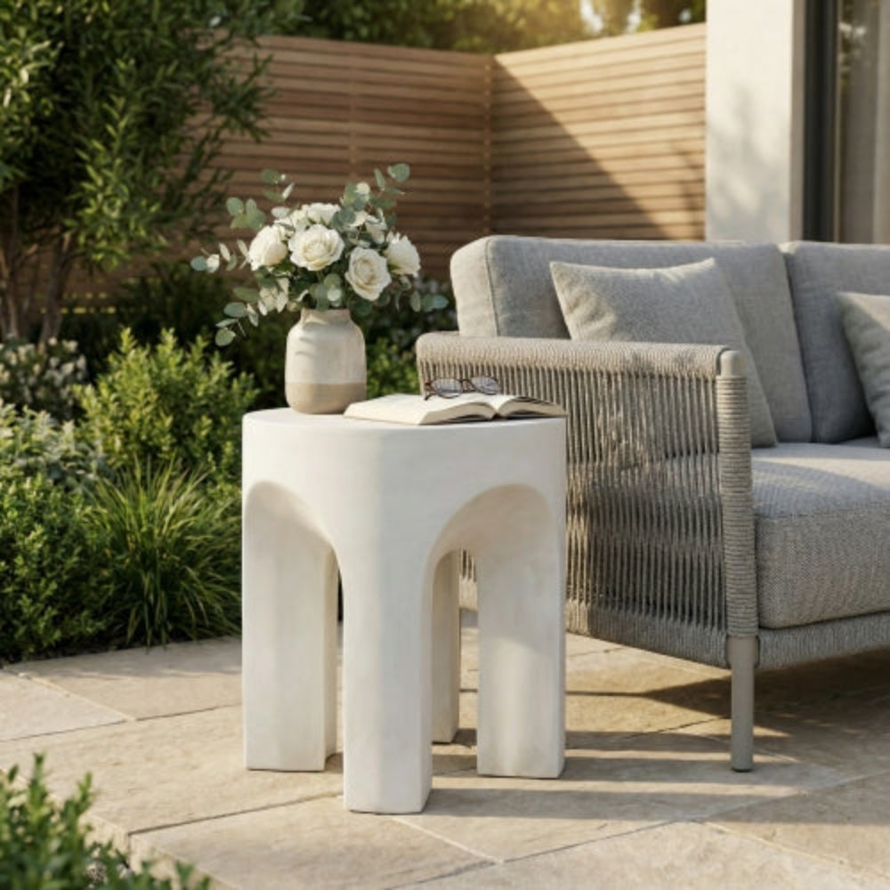 Outdoor Round Top Side Table, Antique White Finish, Living Room Accent Table for Patio, Home, Office - White