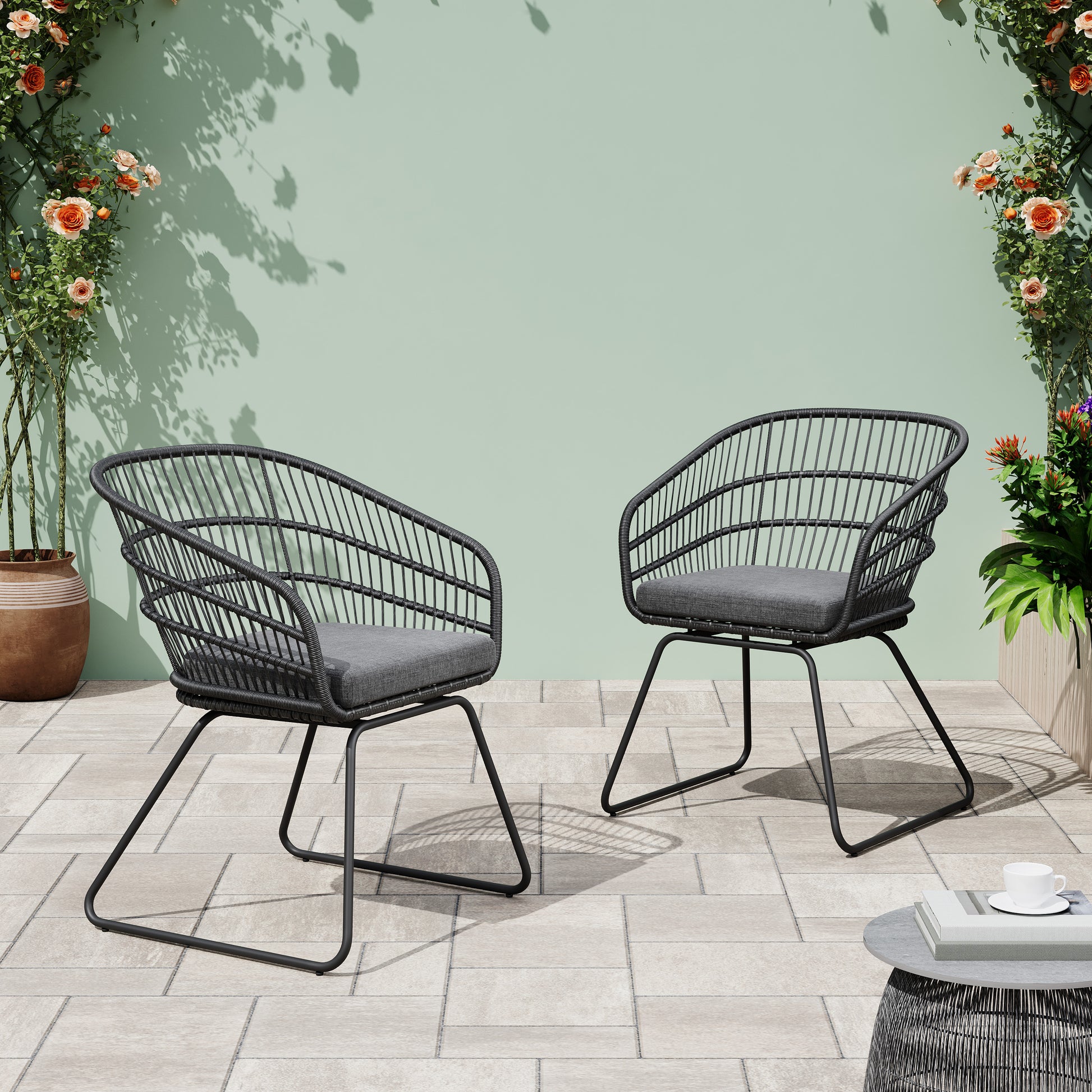 Outdoor Patio Dining Chairs Set of 2 Wicker Armchairs with Removable Cushions