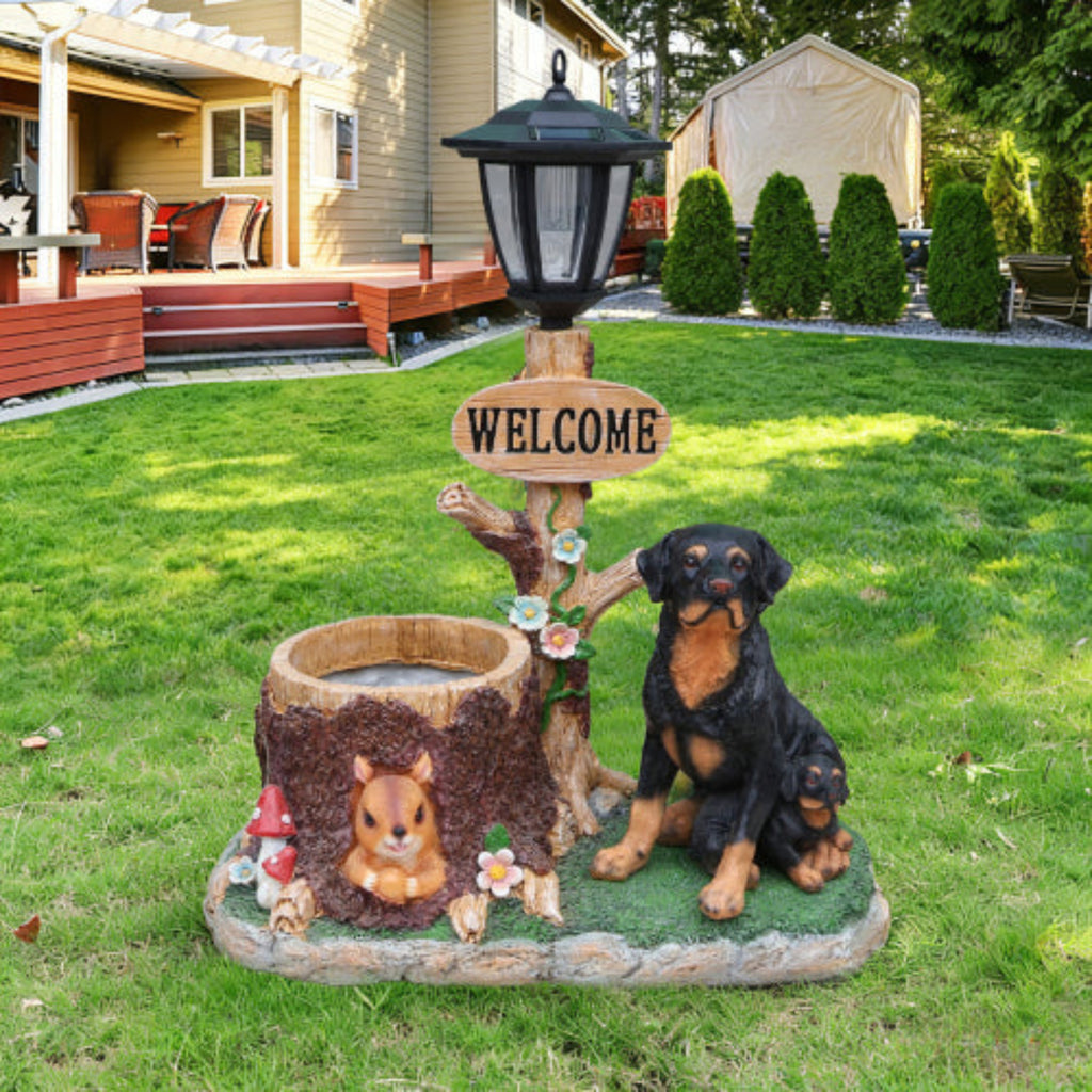 Rottweiler Dog Family Shaped Planter Statue with Warm Scene for Green Plant Display