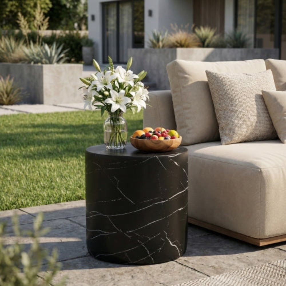 Lightweight Concrete Side Table, Black Marble Finish, Living Room Accent Table for Outdoor & Indoor Use