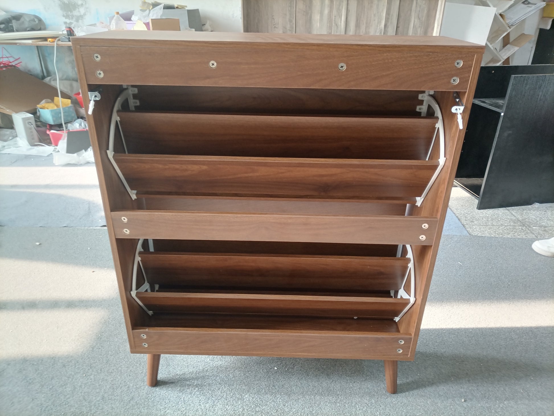 Medieval Modern Independent Shoe Cabinet, 31.5-inch Walnut Shoe Storage Cabinet,, Fence Shoe Cabinet with 2 Flip Drawers, Suitable For Corridors And Entrances