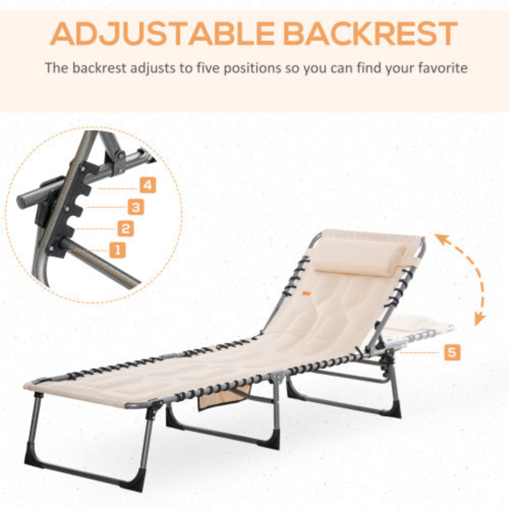 Padded Folding Chaise Lounge Chair, Outdoor Reclining Tanning Chair with Headrest for Beach, Yard, Patio & Pool, Beige