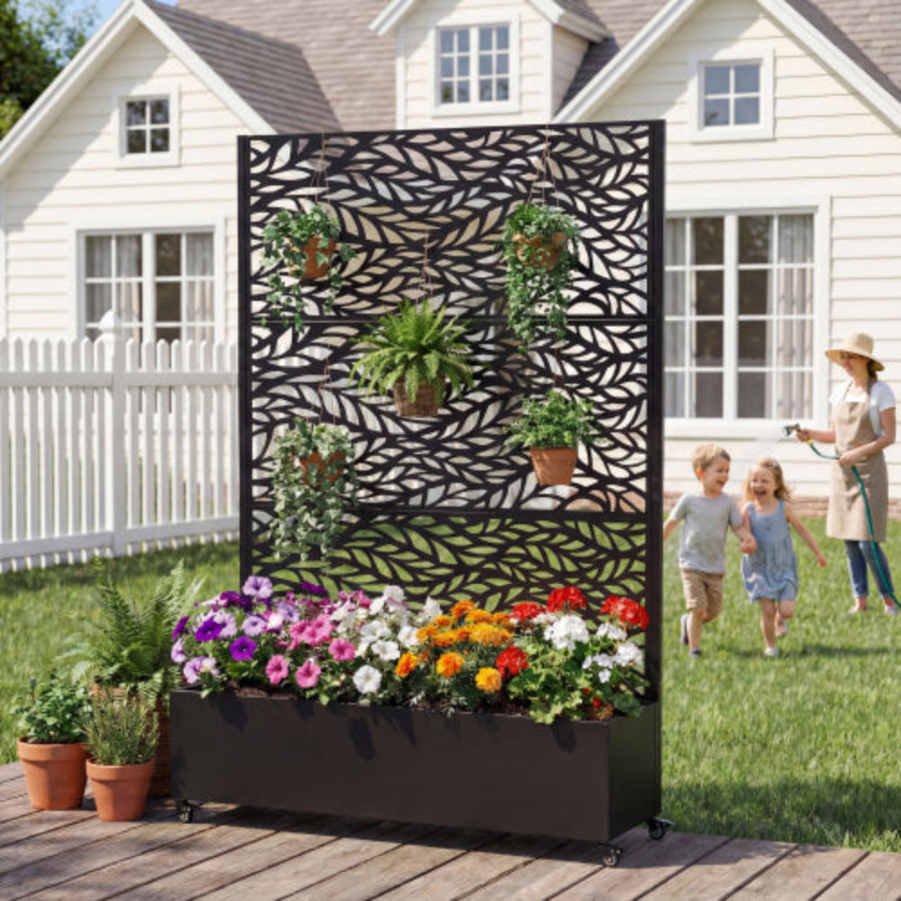 Chic Crate Metal Raised Garden Bed with Wheels, Privacy Screen Drainage Holes & Trellis 73"x47"x16" Planter Box for Climbing Plants Vegetables Vines