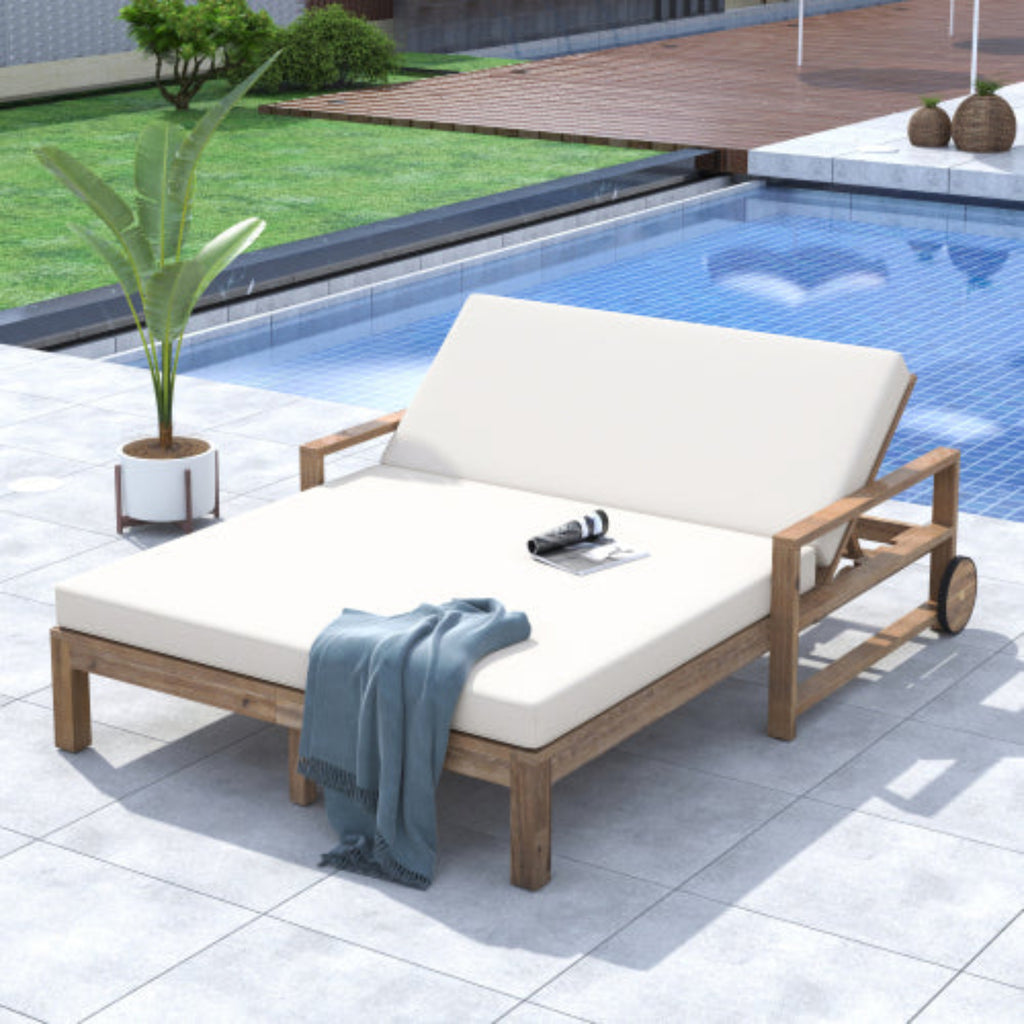 Farmhouse Wooden Outdoor Sunbed Daybed Seating 2 People for Poolside Garden and Yard