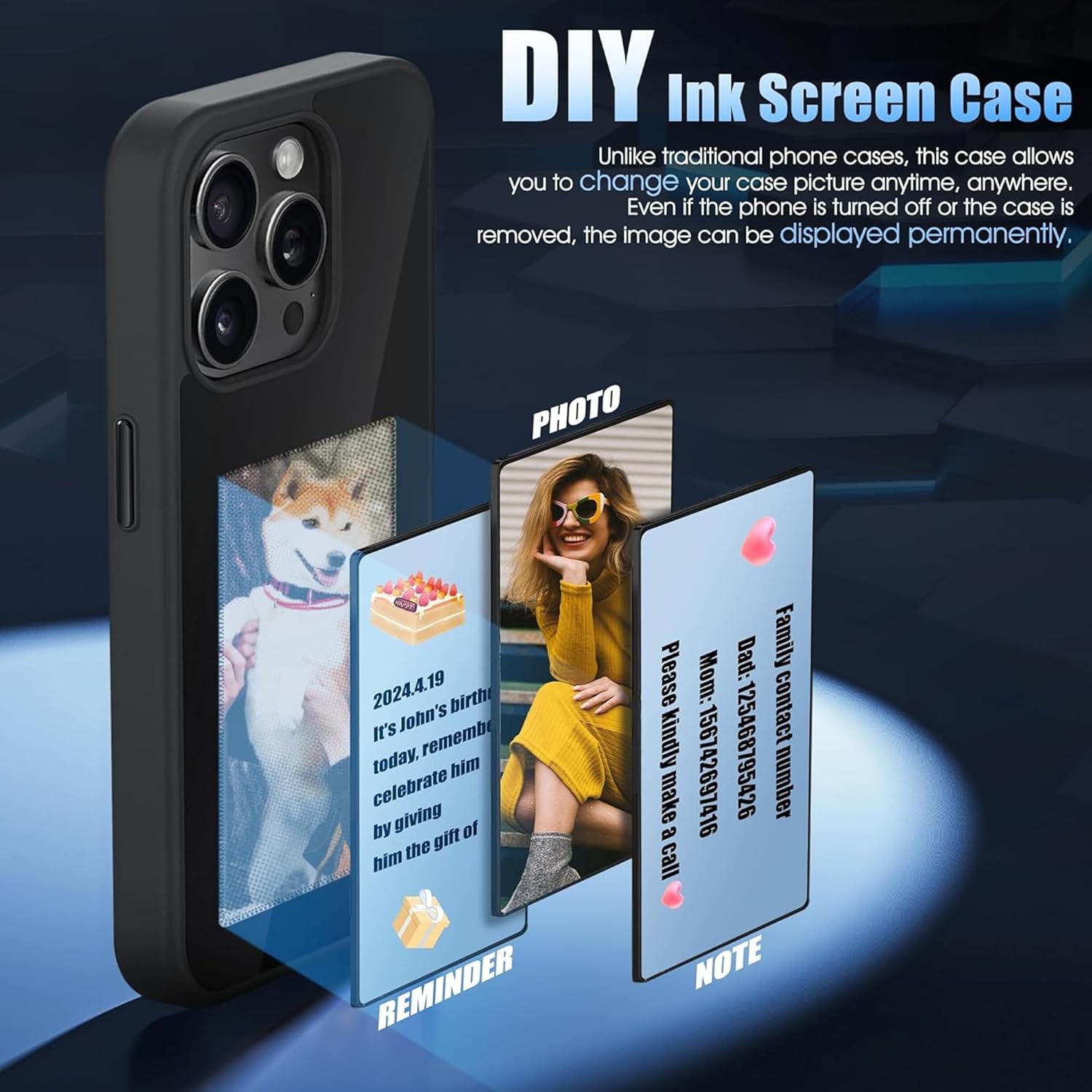 NFC Ink Screen iPhone Case for iPhone 16 Pro Max, Slim Eco-Friendly Smart Cover with Custom Display