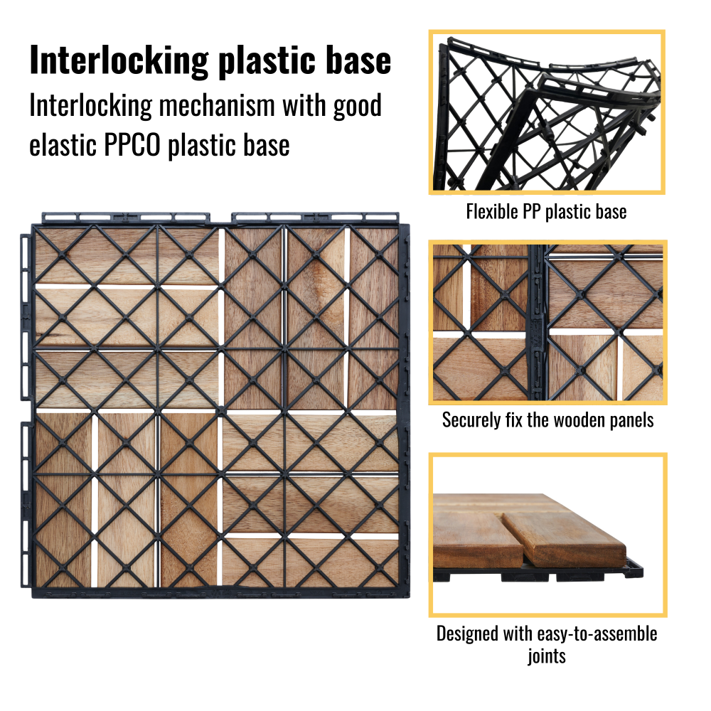 Chic Crate 10Pcs 12'' Yellow Acacia Hardwood Interlocking Deck Tiles – Checkerboard Pattern