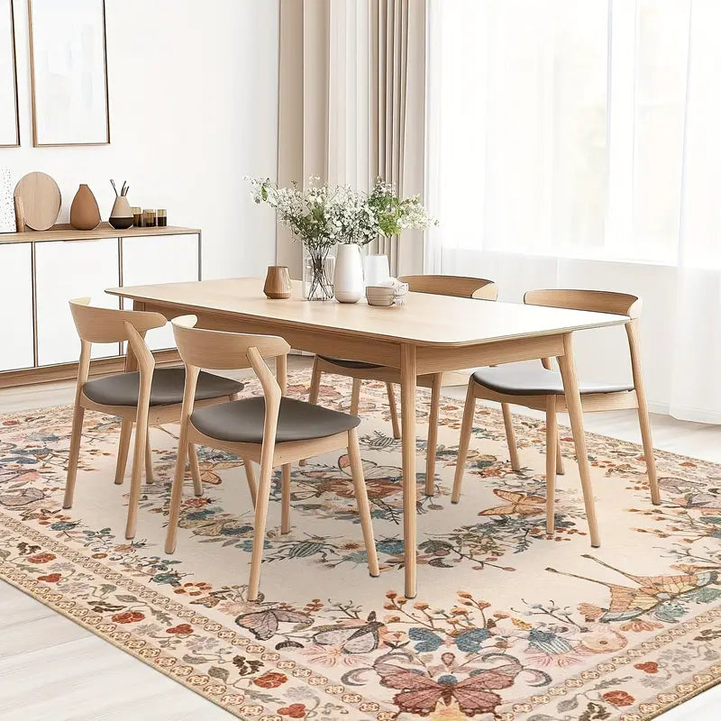 Large Beige Butterfly Floral Area Rug, Ultra-Thin Non-Slip Washable Mat for Living Room & Bedroom