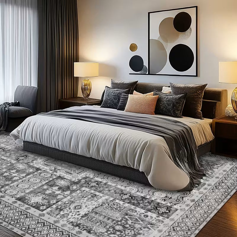 Grey Vintage Area Rug, Washable Non-Slip Boho Carpet for Living Room, Bedroom, Kitchen, Office