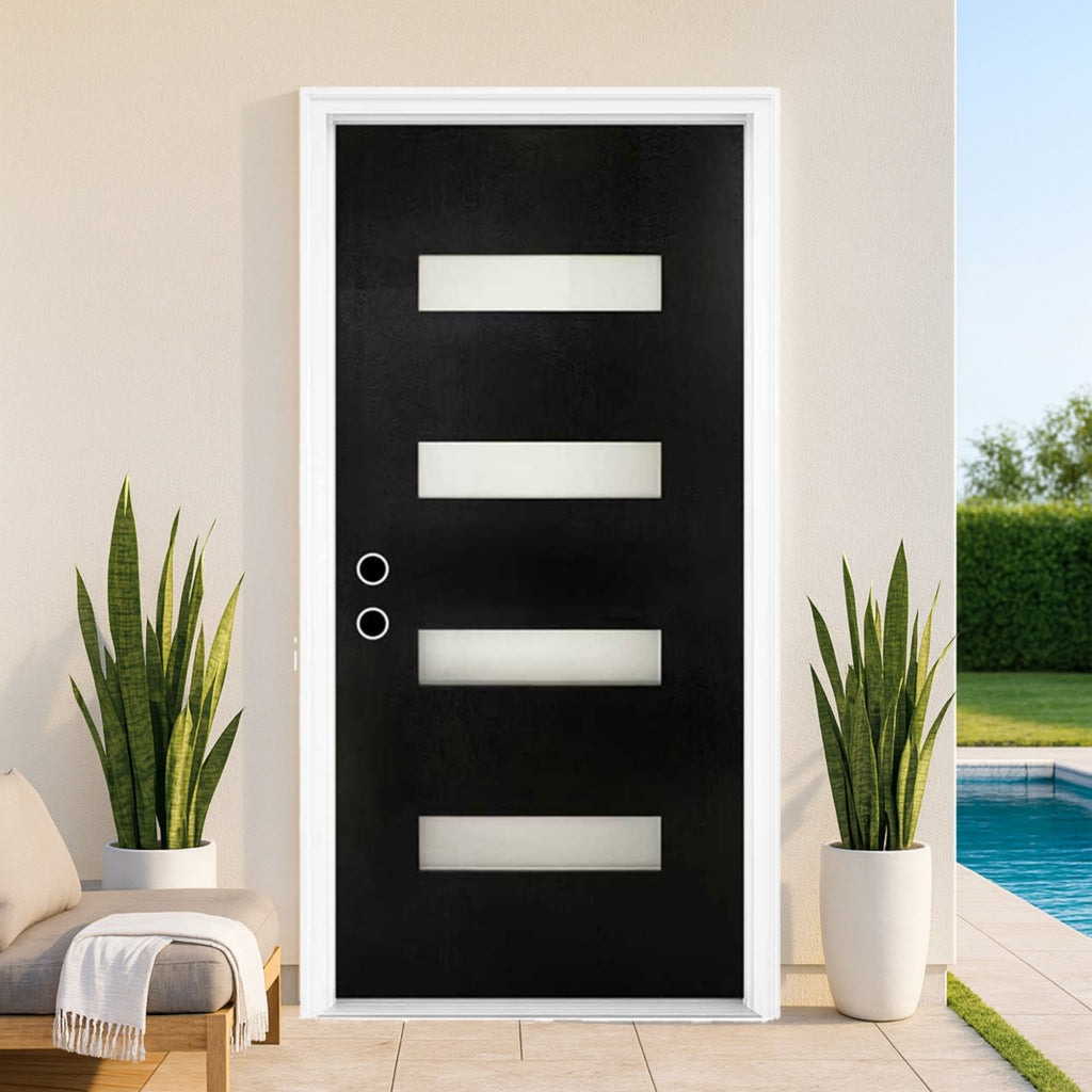 Chic Crate 36x80 Fiberglass Entry Door with Frosted Glass, Left Hand Inswing, Brickmould & Vinyl Frame