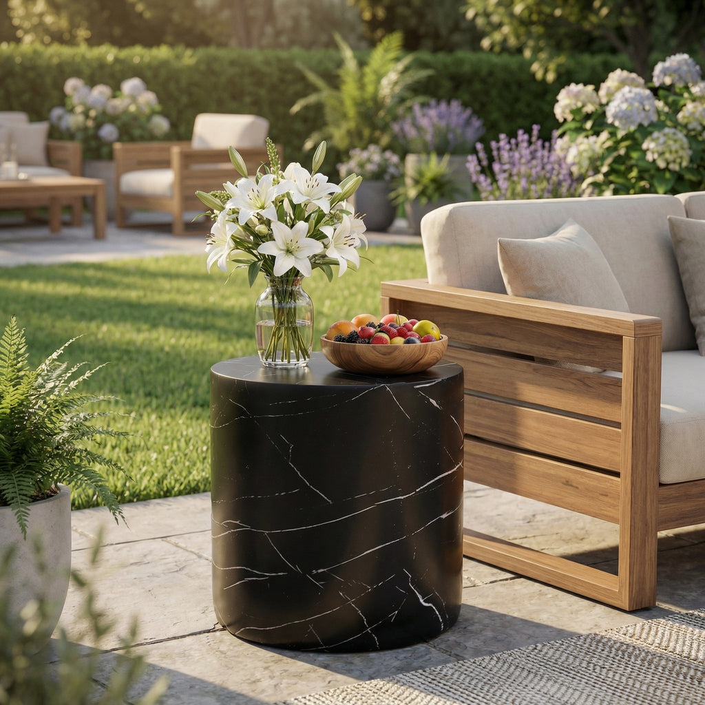 Lightweight Concrete Side Table, Black Marble Finish, Living Room Accent Table for Outdoor & Indoor Use