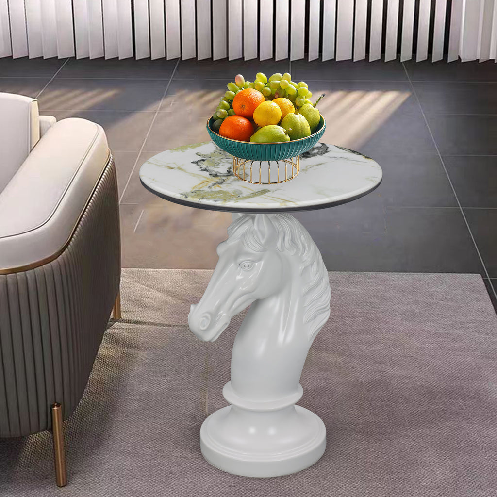 White Horse Head Accent Table, Animal Statue End Table for Living Room