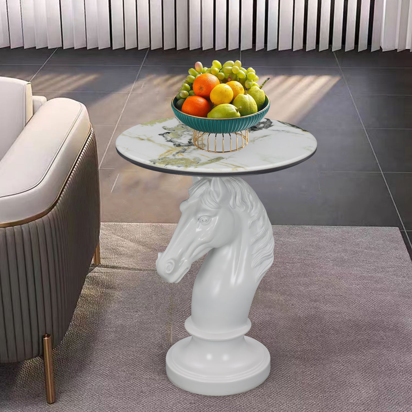 White Horse Head Accent Table, Animal Statue End Table for Living Room