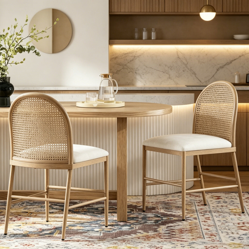 Farmhouse Dining Chairs with Artisan Rattan Backrest & Sturdy Iron Frame (Set of 2)