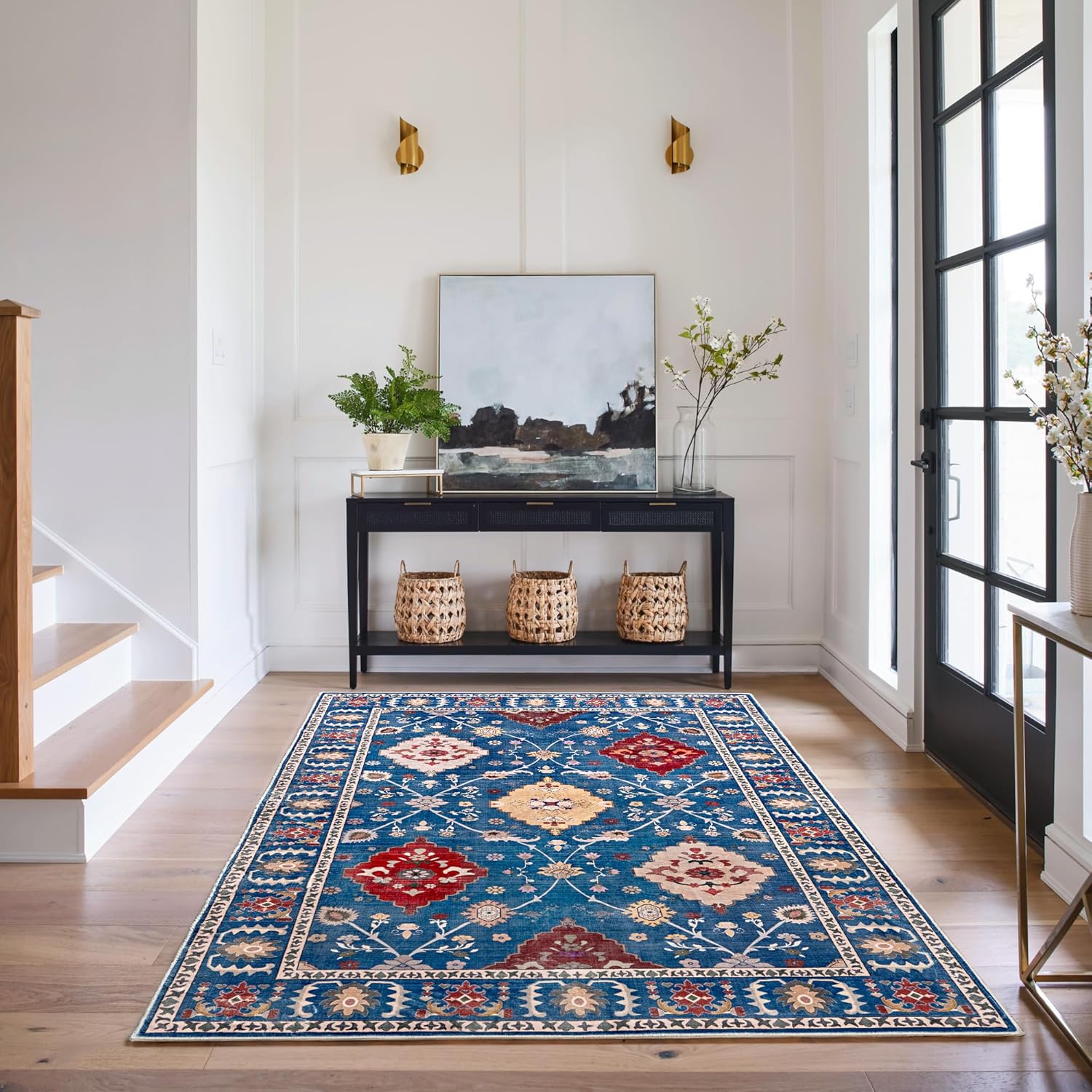 Washable Area Rug, Non-Slip Vintage Floral Carpet for Living Room Bedroom, Kitchen Dining Room Home Decor