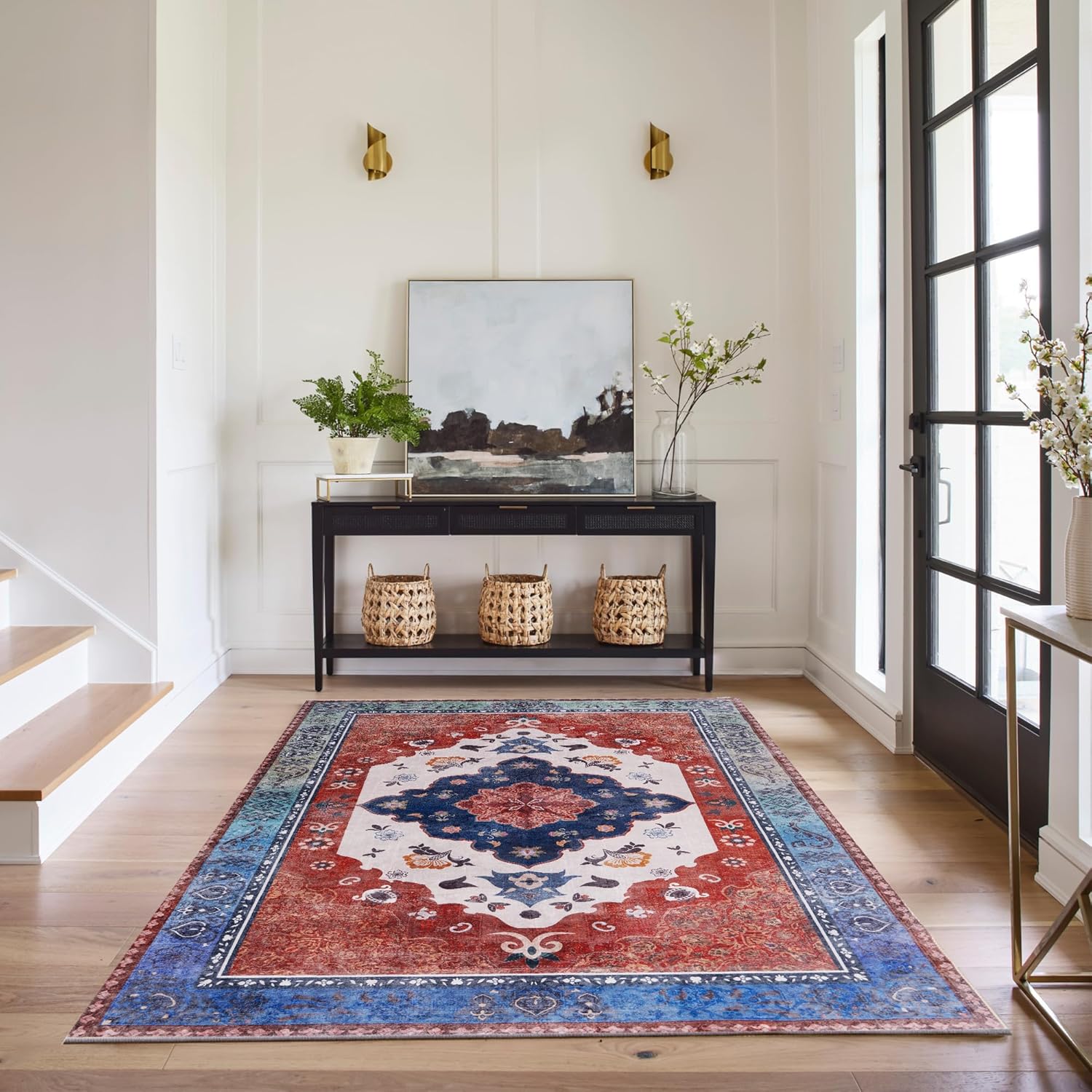 Washable Traditional Area Rug, Thin Foldable Distressed Floral Non-Slip Carpet for Bedroom Living Room Kitchen