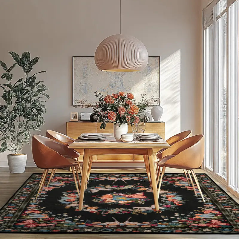 Black Butterfly Floral Washable Area Rug, Low Pile Non-Slip Indoor Carpet for Living Room & Bedroom