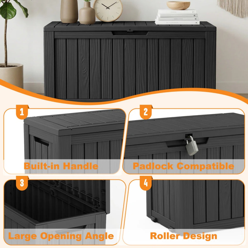 75 Gallon Outdoor Deck Box, Water-Resistant Resin Storage Box with Lockable Lid for Patio