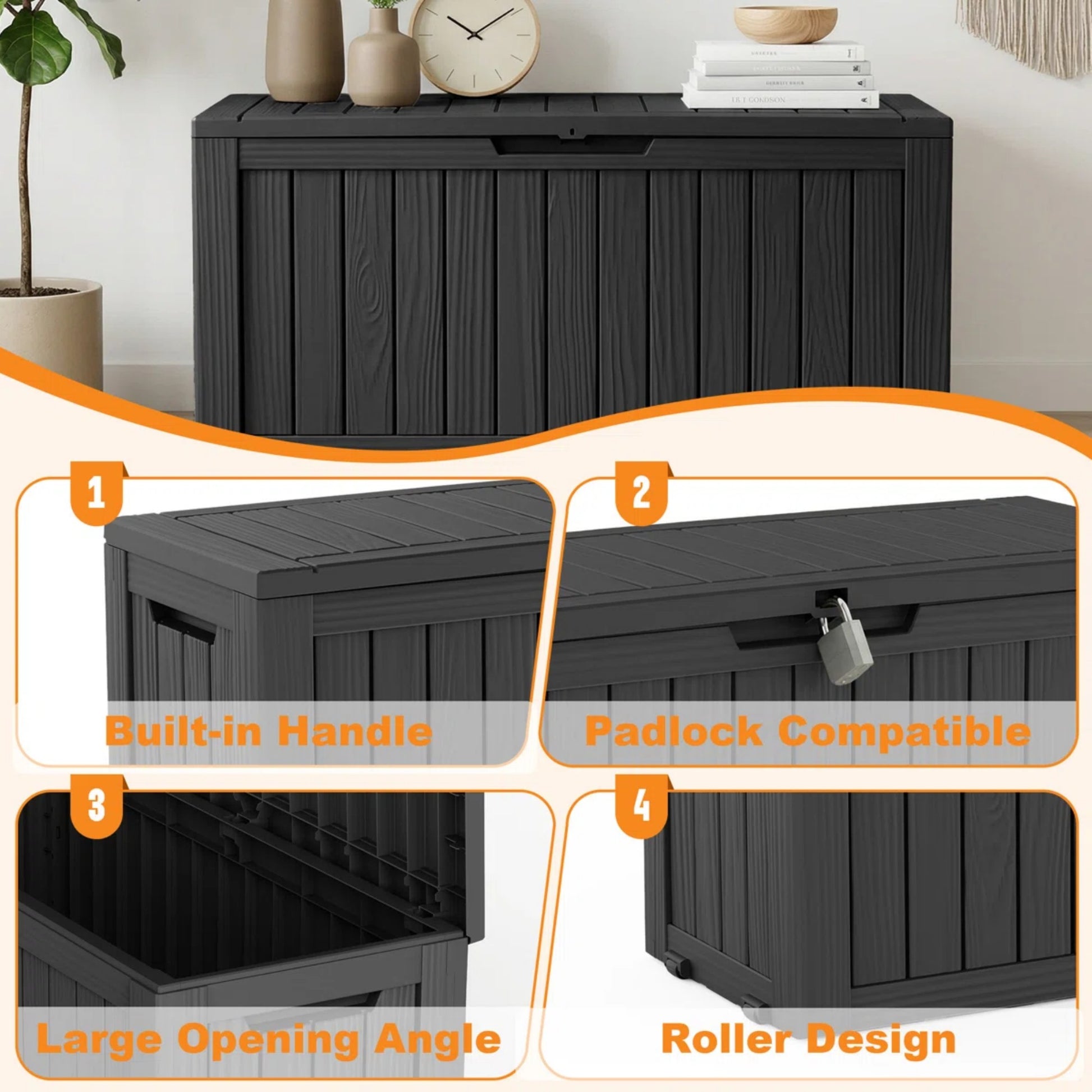 75 Gallon Outdoor Deck Box, Water-Resistant Resin Storage Box with Lockable Lid for Patio