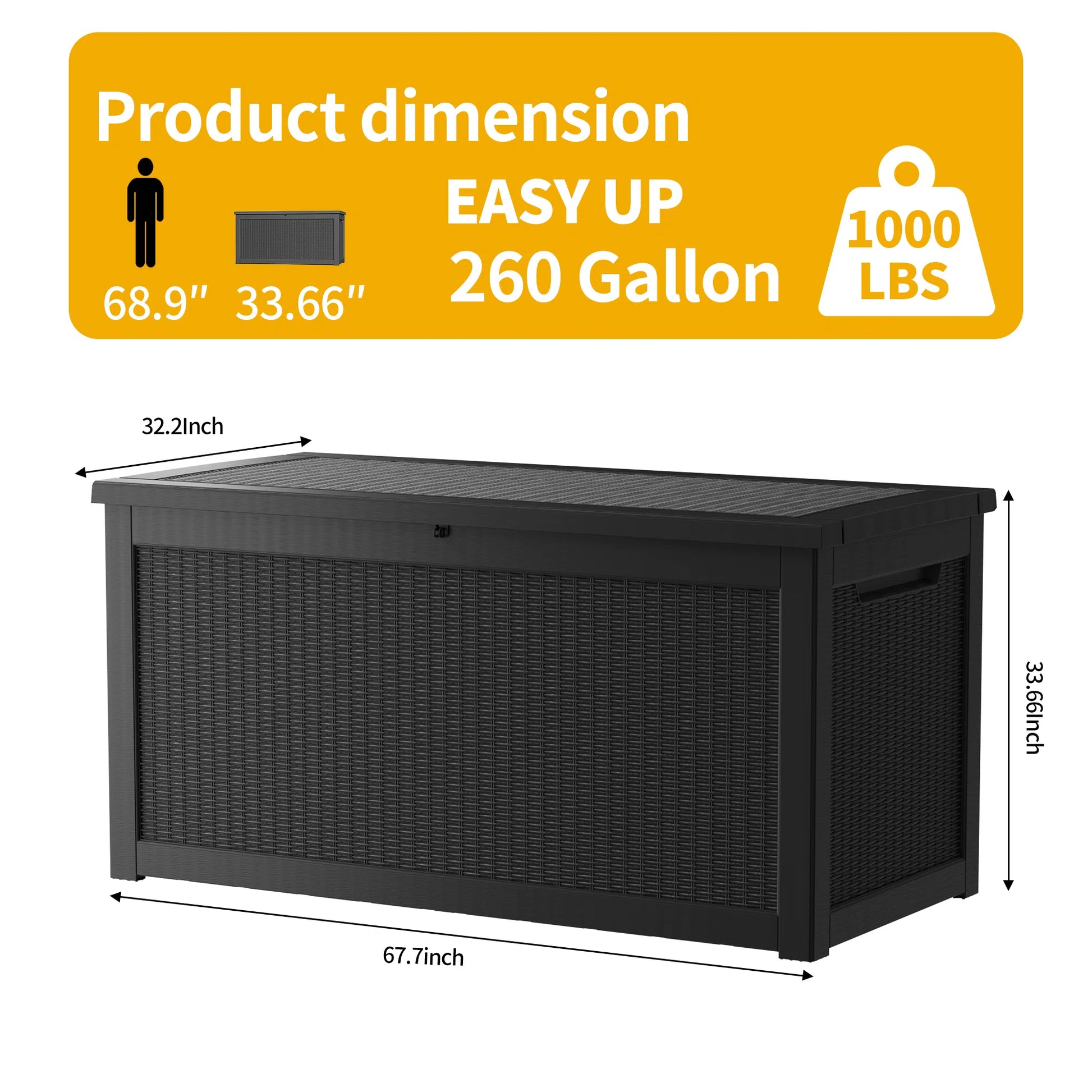 260 Gallon Resin Deck Box, Water-Resistant Lockable Outdoor Storage Box for Patio Organization
