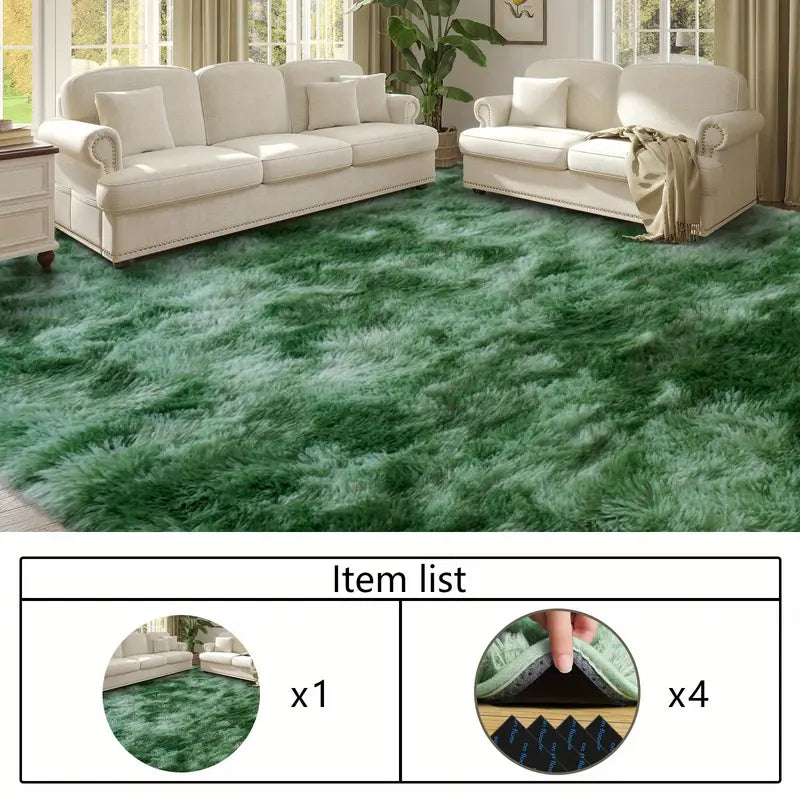 Tie-Dyed Green Fluffy Area Rug, Ultra Soft Non-Slip Mat with 4 Stickers, Multiple Sizes for Home Decor