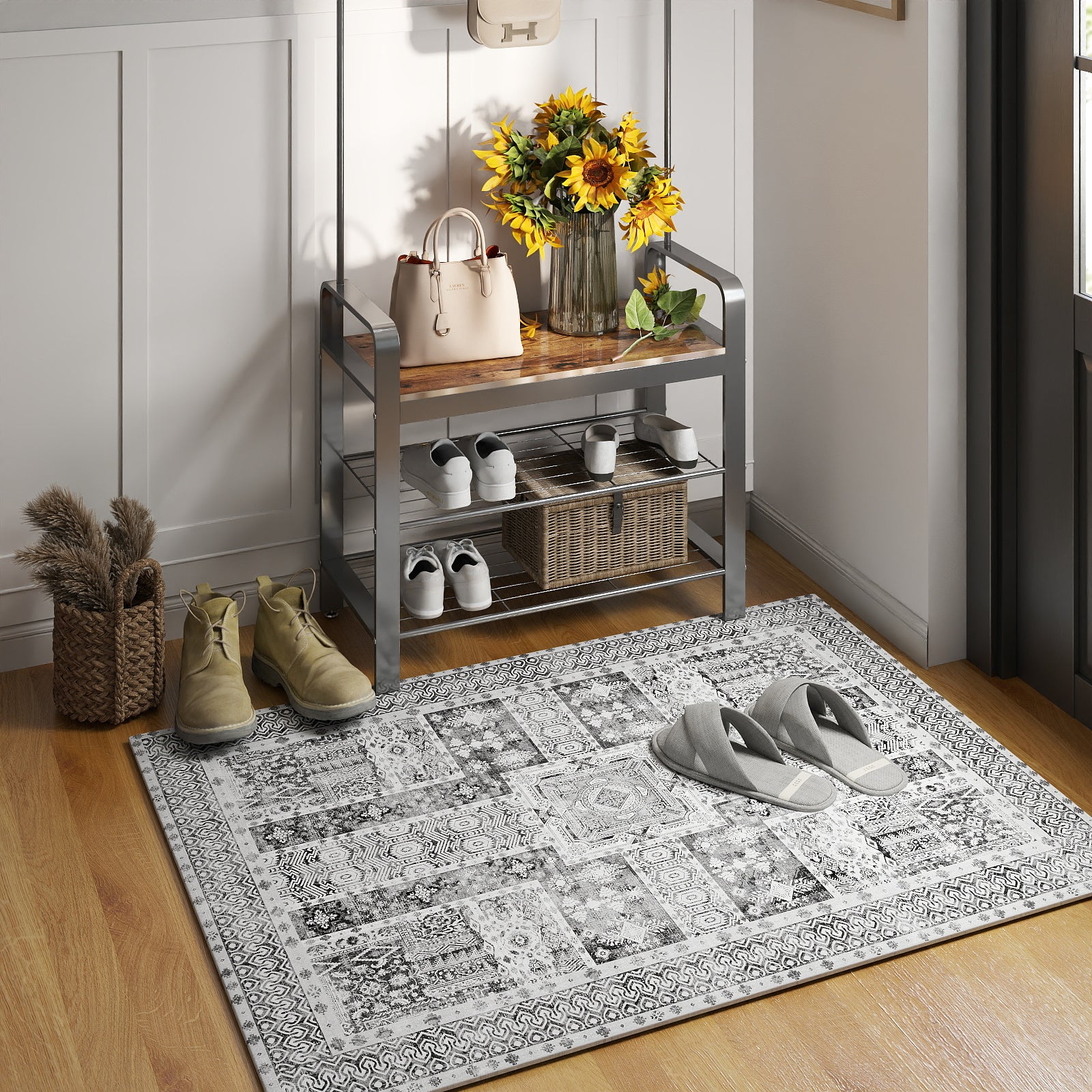 5x7ft Washable Vintage Area Rug, Thin Foldable Non-Slip Distressed Floral Carpet for Bedroom Living Room Bathroom