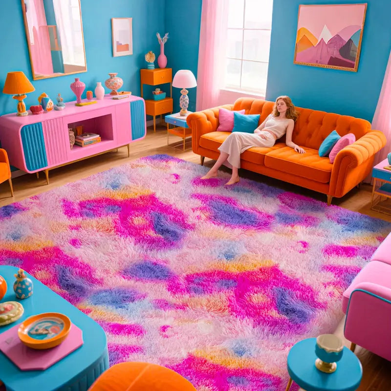 Rainbow Tie-Dyed Shag Rug, Ultra Soft 1.7" Thick, Non-Slip Backing, 100% Polyester, Multi Sizes & Shapes