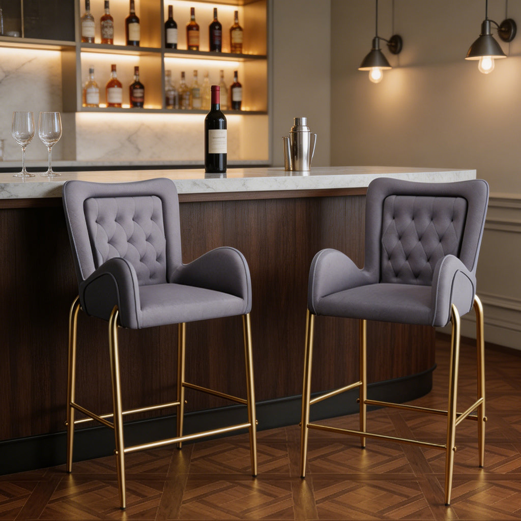 Counter Height Bar Stools Set of 2 Velvet Upholstered Stools with Golden Legs