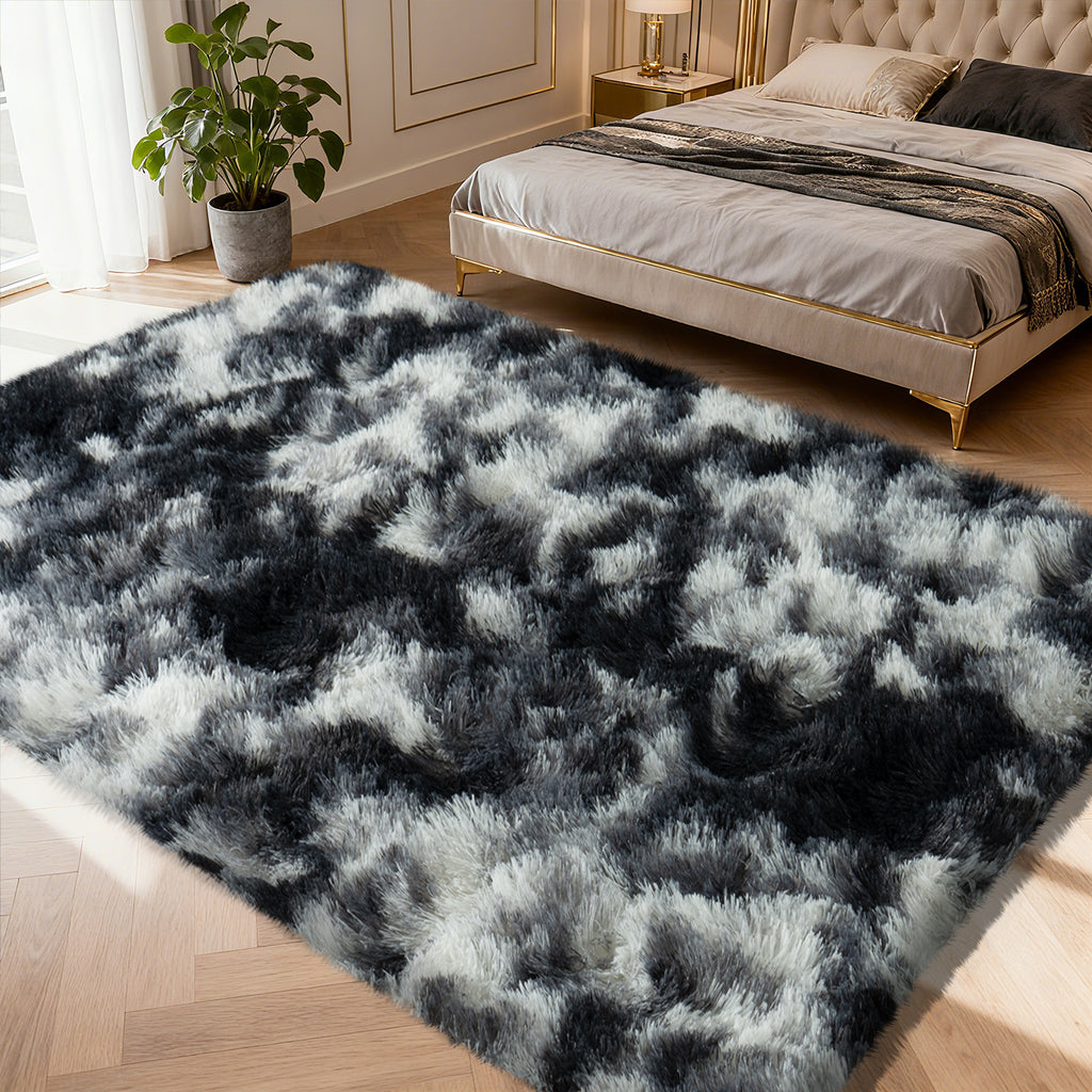 Tie-Dyed Gray Shag Rug, Ultra Soft 1.7" Plush, Non-Slip, 100% Polyester for Bedroom or Living Room
