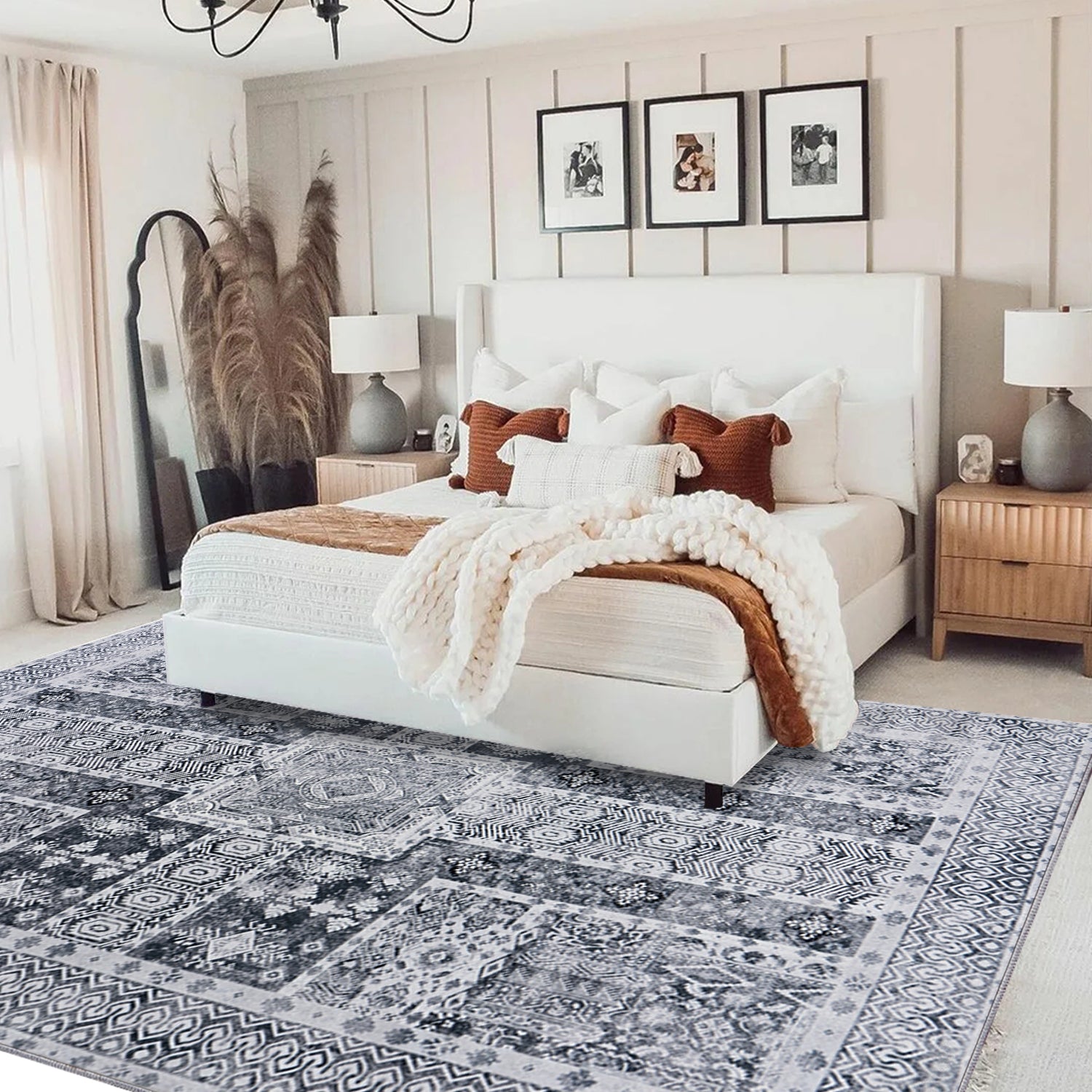 5x7ft Washable Vintage Area Rug, Thin Foldable Non-Slip Distressed Floral Carpet for Bedroom Living Room Bathroom