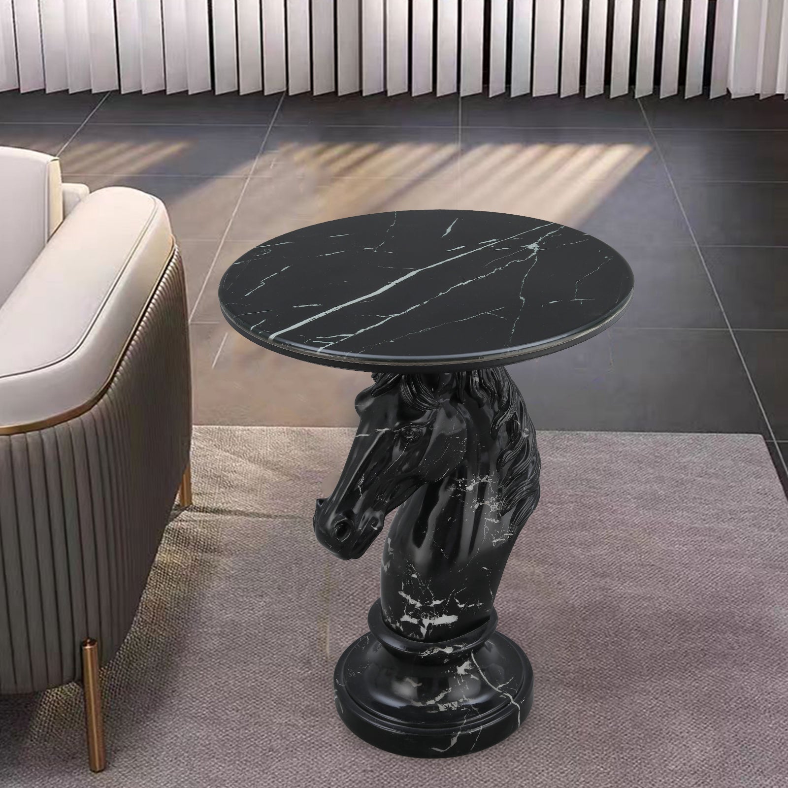 Black Horse Head Accent Table, Animal Statue End Table for Living Room