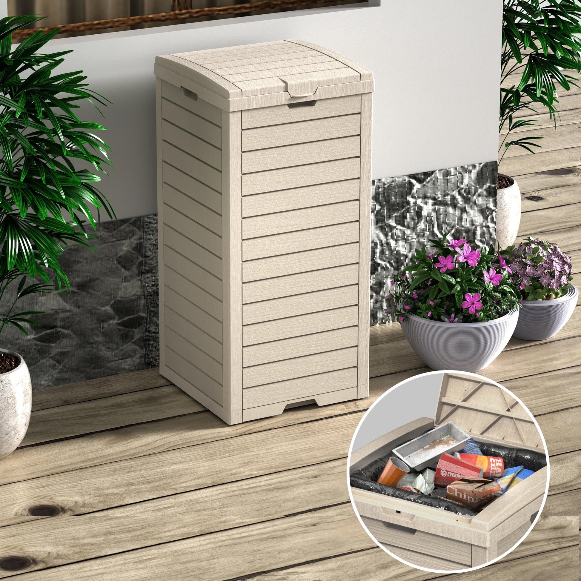 31 Gallon Outdoor Trash & Recycling Bin, Resin Deck Box with Manual Lift Lid for Garbage Storage