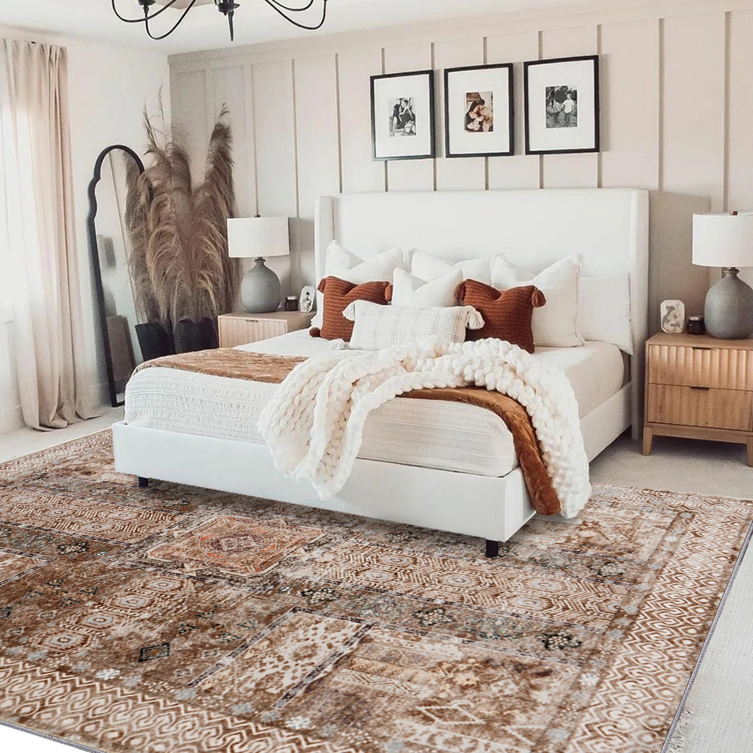 5x7ft Washable Vintage Area Rug, Thin Foldable Non-Slip Distressed Floral Carpet for Bedroom Living Room Bathroom