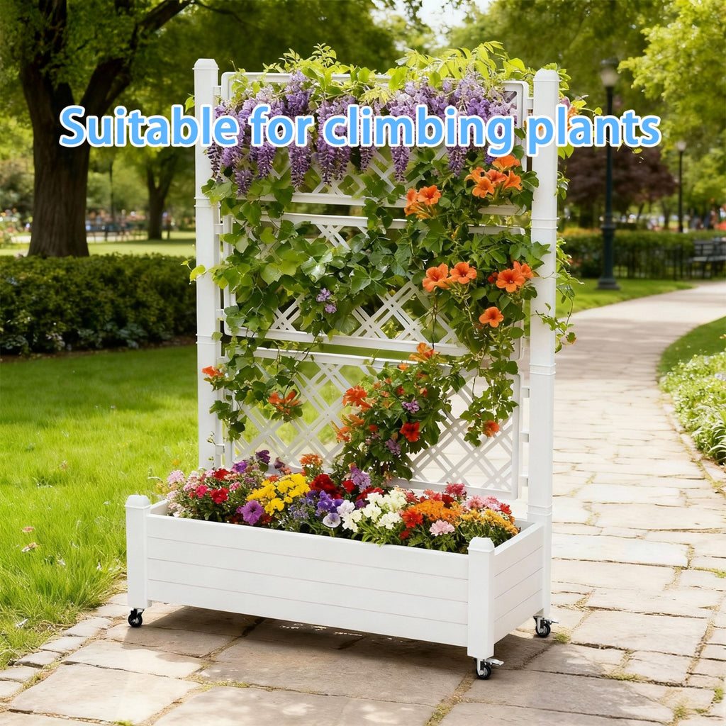 Planter Box with Trellis & Wheels, Large Raised Garden Bed, Outdoor Plastic Planter for Climbing Plants
