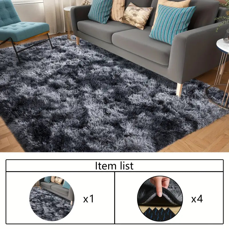Tie-Dye Black Shag Rug, Ultra Soft 1.7" Plush Mat with Non-Slip Backing, Bedroom or Living Room