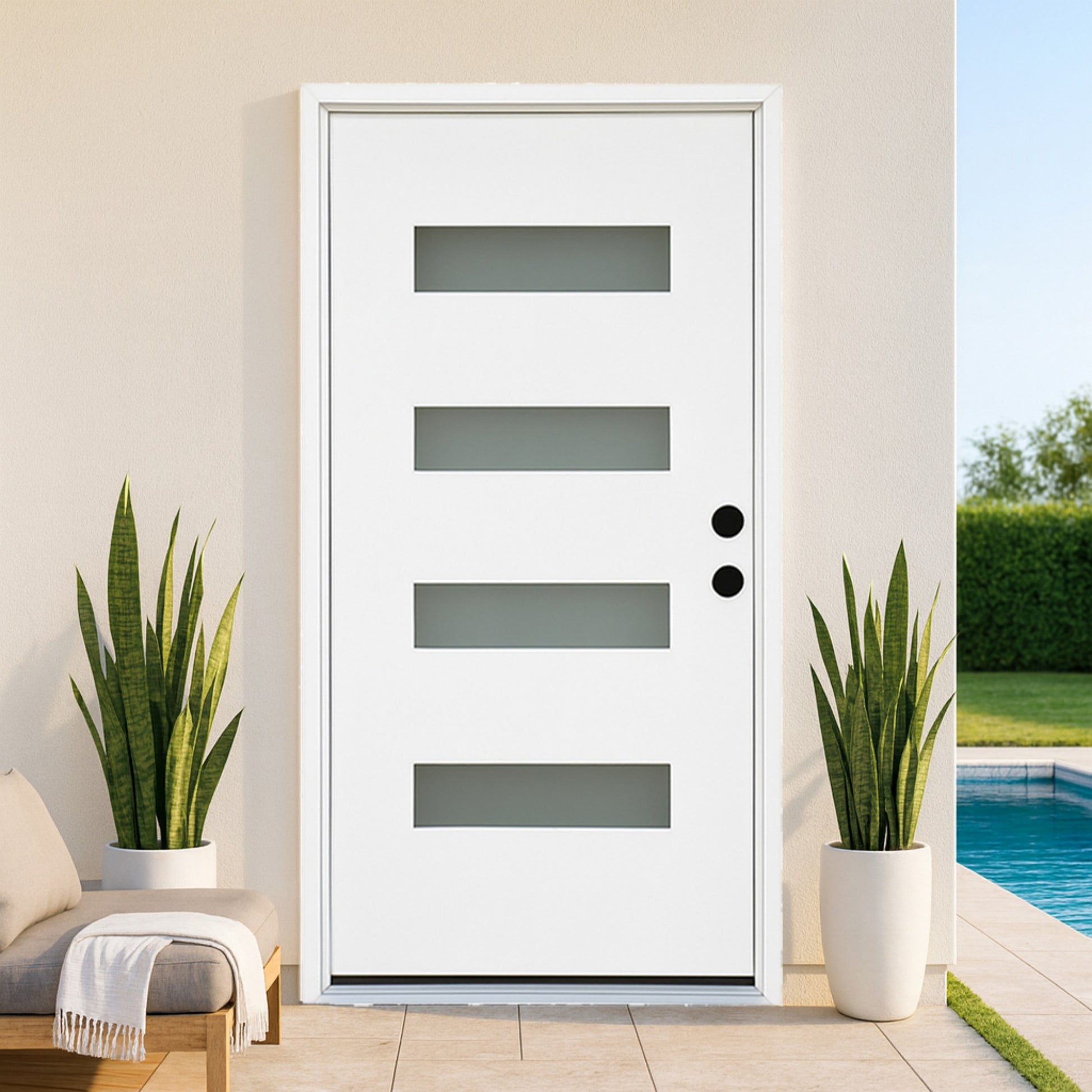 Chic Crate 36x80 Fiberglass Entry Door with Frosted Glass, Left Hand Inswing, Brickmould & Vinyl Frame