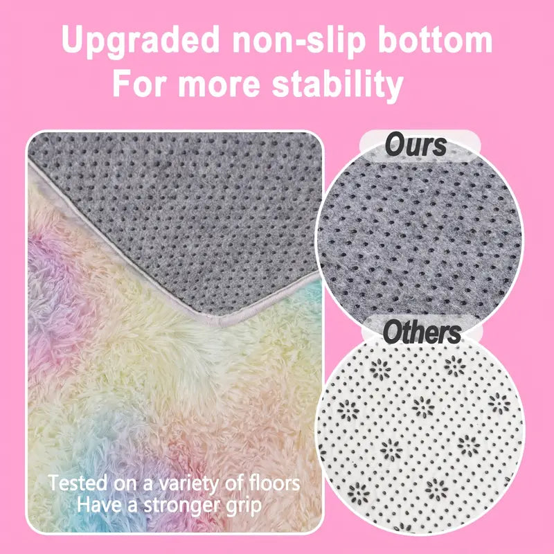 Rainbow Tie-Dye Fluffy Area Rug with Non-Slip Base & 4 Reusable Stickers, Plush Indoor Mat