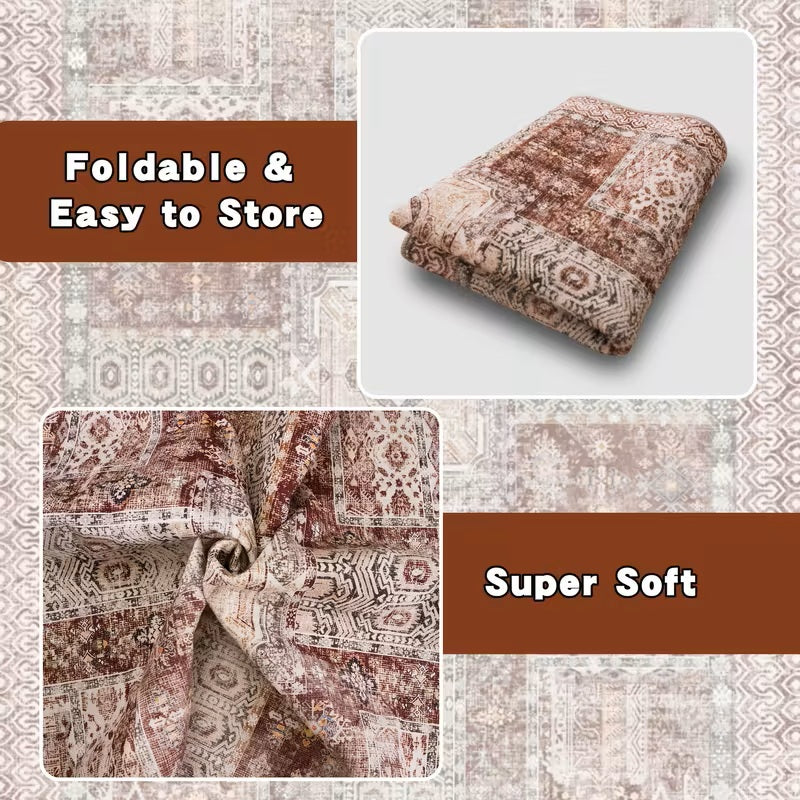 Vintage Floral Washable Area Rug, Non-Slip Low Pile Polyester Carpet for Living Room & Bedroom