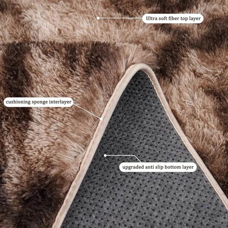 Brown Tie-Dye Shag Rug, Soft Plush Carpet with 4 Non-Slip Pads, Multiple Sizes for Bedroom or Living Room
