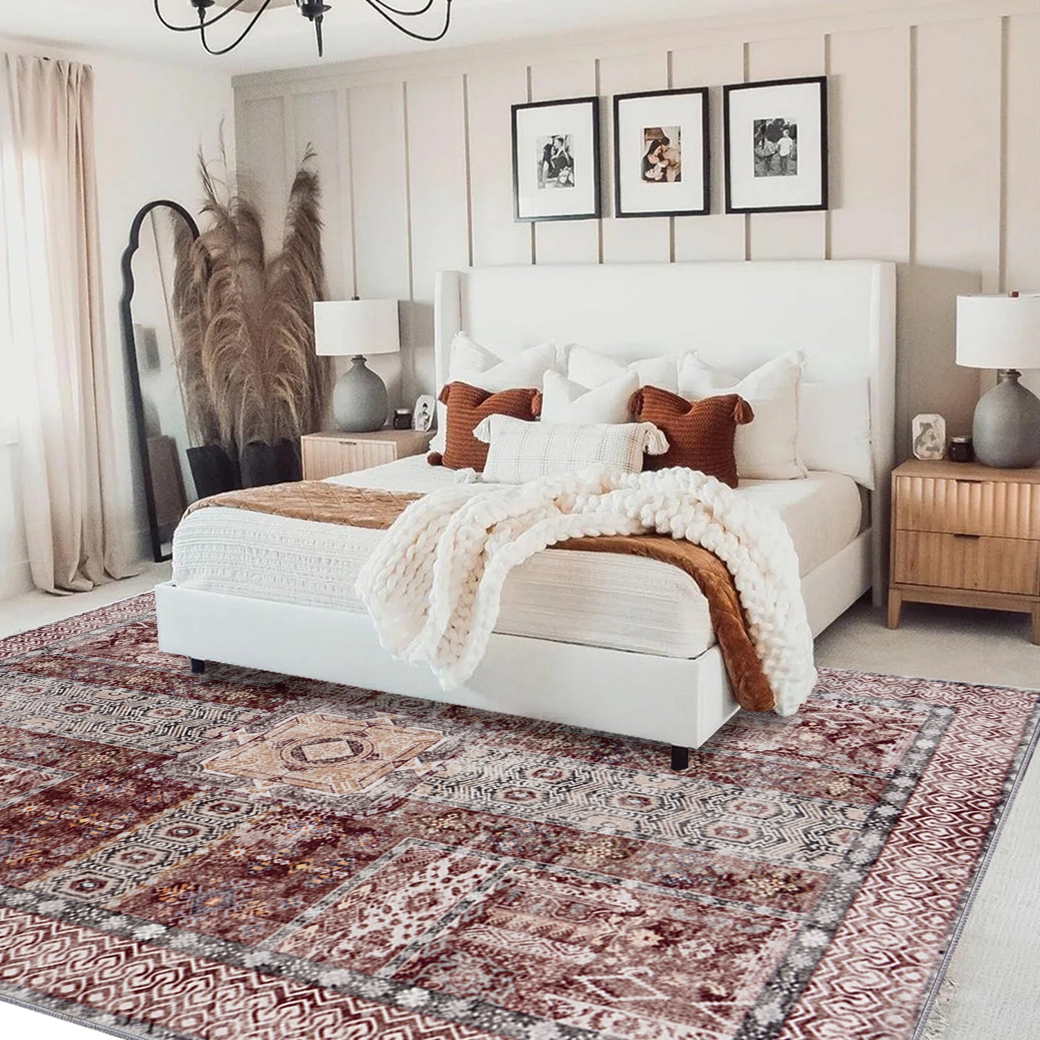 5x7ft Washable Vintage Area Rug, Thin Foldable Non-Slip Distressed Floral Carpet for Bedroom Living Room Bathroom