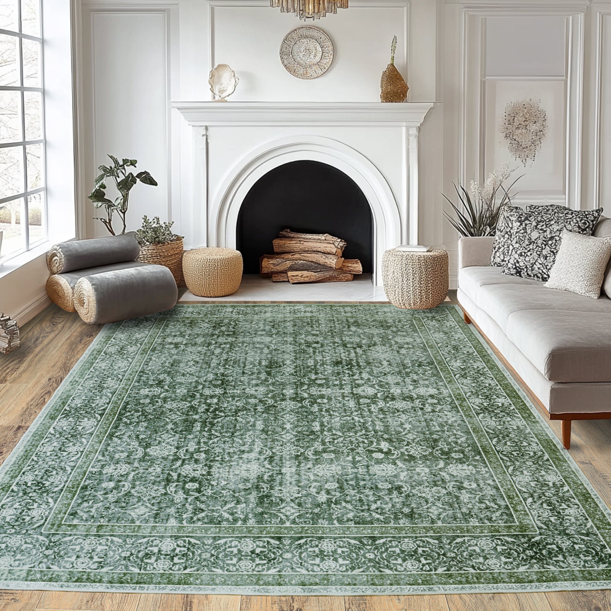 8x10 Washable Vintage Floral Area Rugs for Living Room, Soft Low Pile Non Slip Rug for Kitchen Laundry Room Playroom