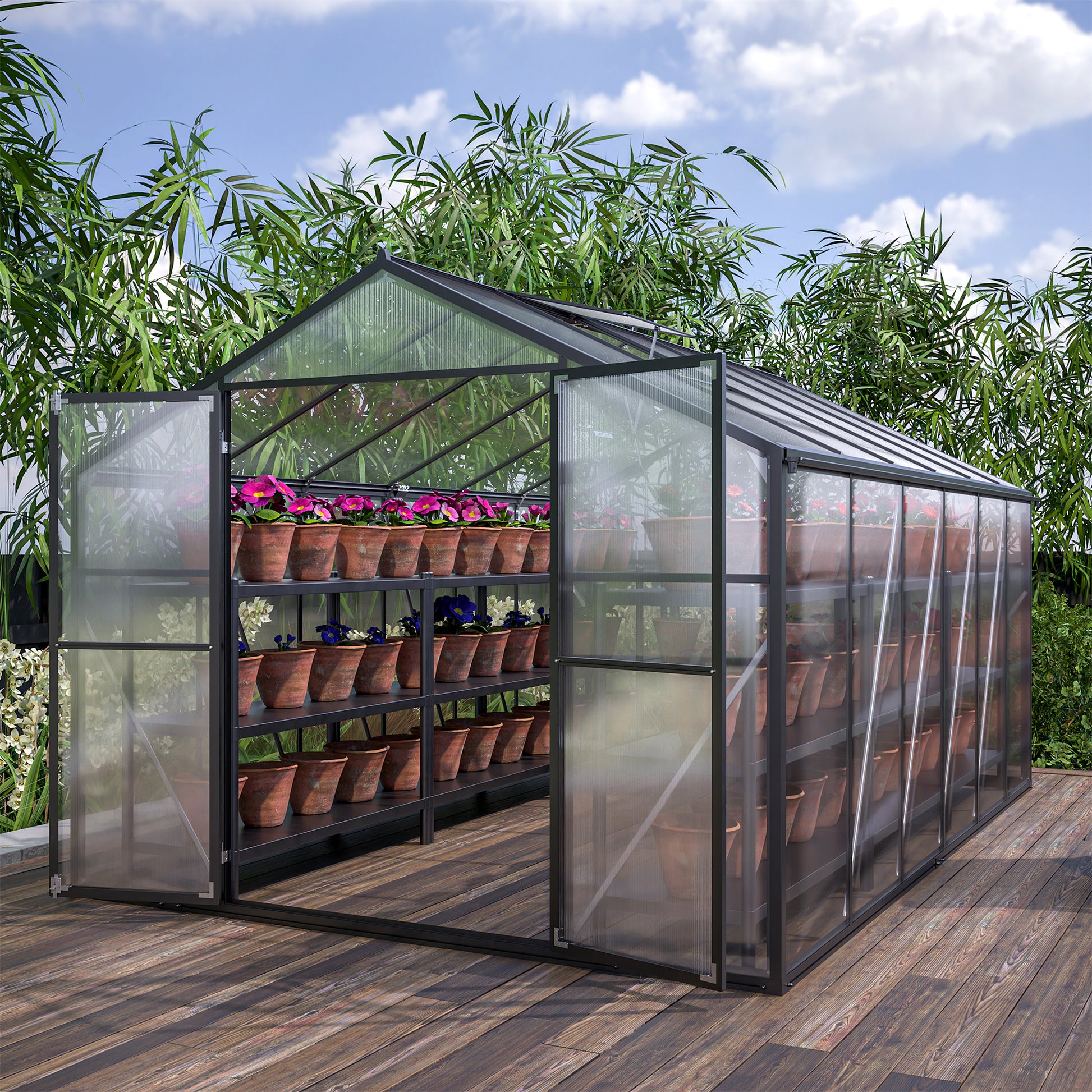 Outdoor Polycarbonate Greenhouse with Roof Vent, Quick-Setup Aluminum Walk-in for Garden Backyard