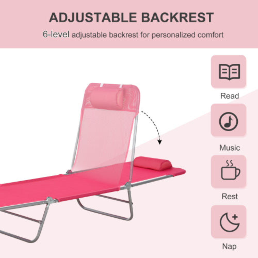 Folding Chaise Lounge Chair, 5-Level Reclining Outdoor Tanning Chair with Breathable Mesh Seat & Headrest for Pool, Beach, Yard, Patio, Pink