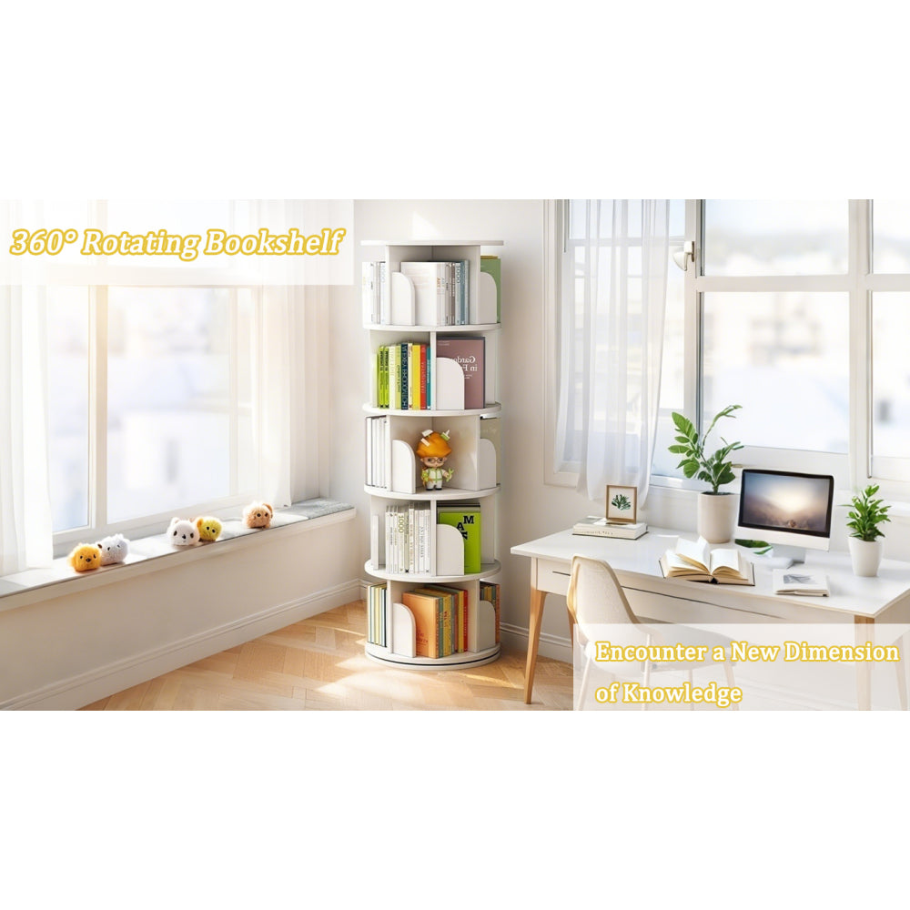 Chic Crate-5-Tier Rotating Bookshelf – 360° Display | Space-Saver | Warm White | Bedroom/Living Room/Office