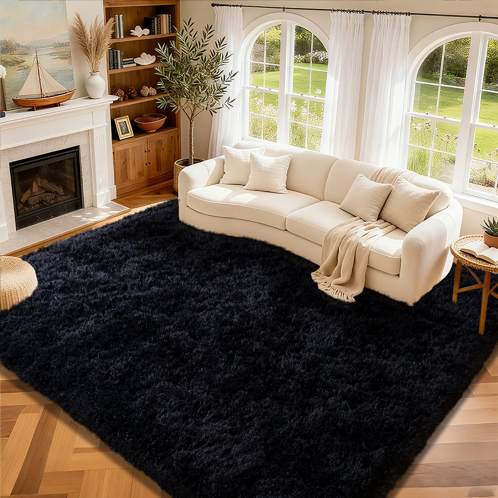 Black Shag Rug, Extra Soft 1.7" Plush Mat, Non-Slip, 100% Polyester for Bedroom or Living Room