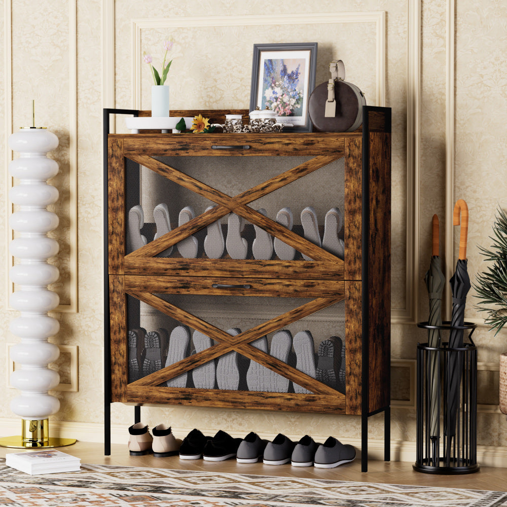 Chic Crate-2-Drawer Flip-Top Shoe Cabinet – Narrow | Entryway | Metal Legs | Rustic Brown | 31.5inx8.5inx39.5in