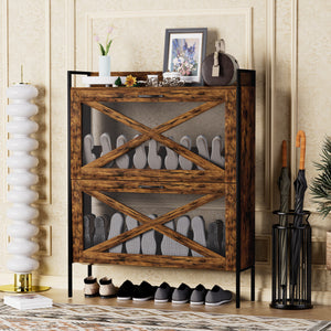 Chic Crate-2-Drawer Flip-Top Shoe Cabinet – Narrow | Entryway | Metal Legs | Rustic Brown | 31.5inx8.5inx39.5in