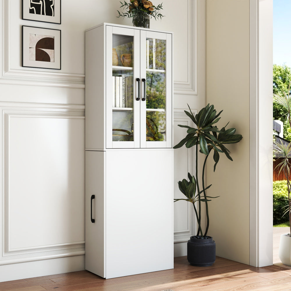 Chic Crate 70.87" Tall Display Cabinet with Glass Doors & 4‑Tier Pull‑Out Shelves – Modern Wooden Storage Bookcase Cabinet