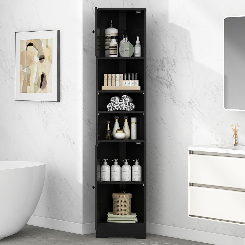 Multi-Functional Corner Cabinet Tall Bathroom Storage Cabinet with Two Doors and Adjustable Shelves, Open Shelf, Black