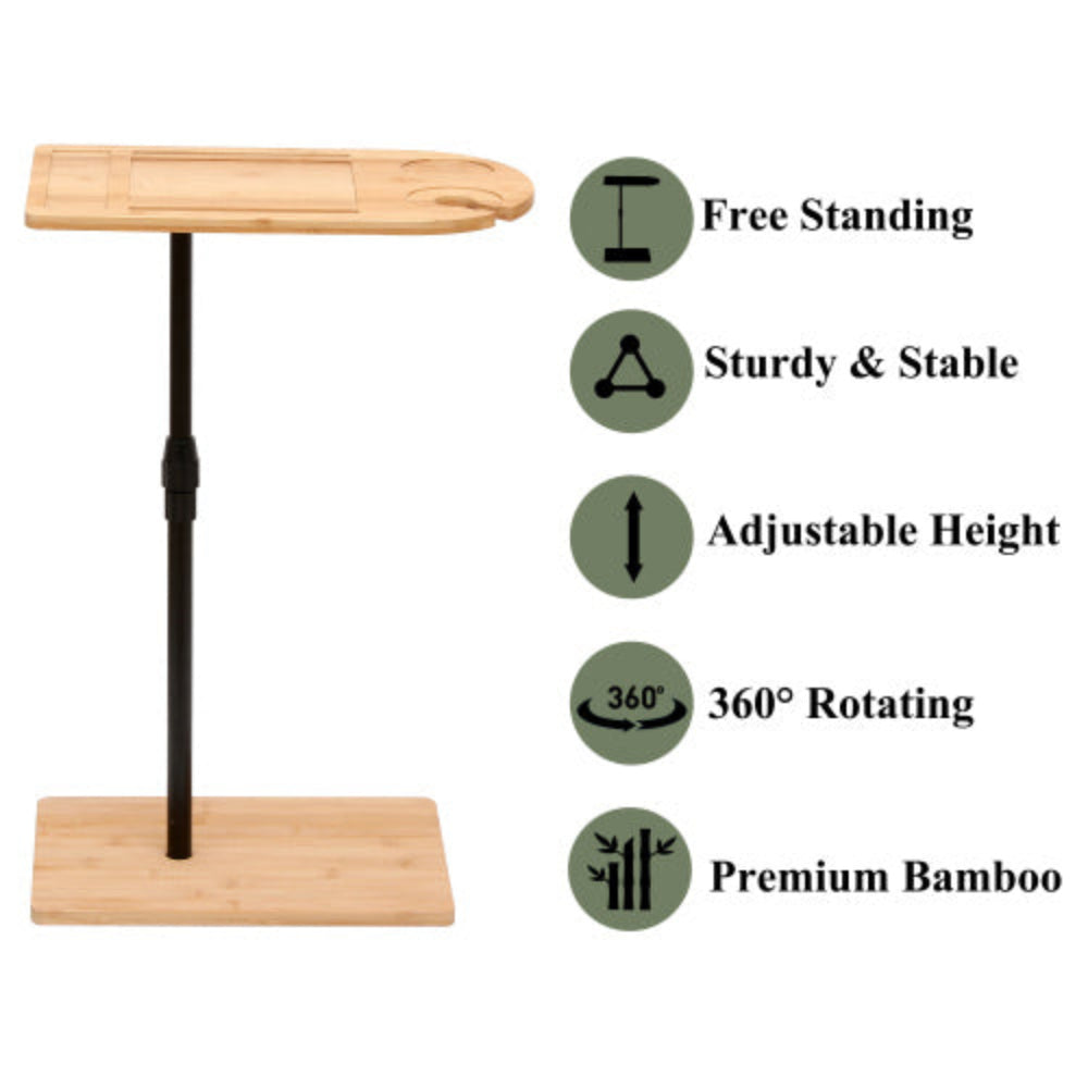 Bamboo Height Adjustable Couch Tray Table, C-Shaped Oval End Table with Slots, Side Table for Sofa, Bed & Chair in Living Room Bedroom Office